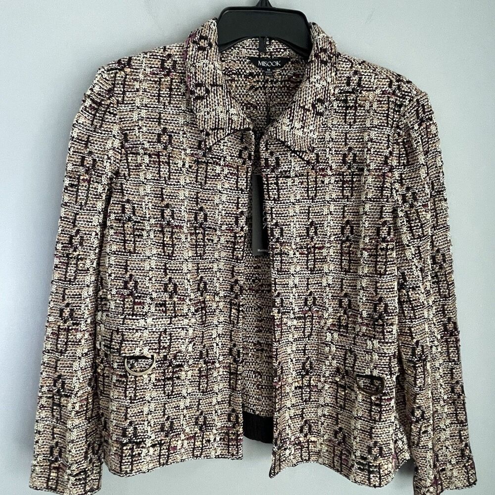 NEW Misook Tweed Blazer Size M Black Gold Orange Long Sleeve Hook Eye Business